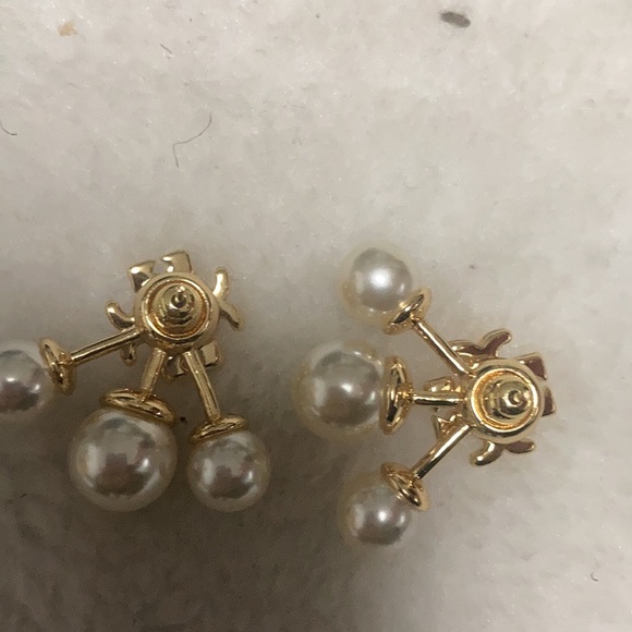 Tory Burch Gold Double-T Logo pearl Drop Earrings Romantic statement Accessory - Picture 3 of 6
